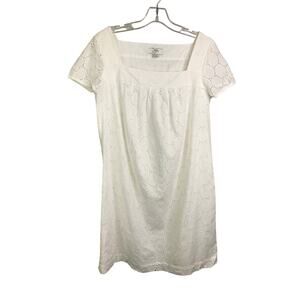 Loft Dress Womens Sz 10 White Squared Neckline Eyelet Lace Side Zip Short Sleeve